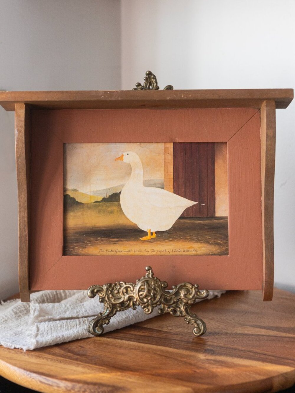 Vintage Folk Art Goose Painting with Wooden Shelf Frame | Rustic Farmhouse